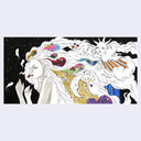 Sketch drawing of a girl with long, flowing hair and colorful clouds throughout it.