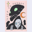 Painting of a cartoon skeleton wearing a black cloak with a skeletal figure behind it, as black clouds. Text reads "sleep to forget"