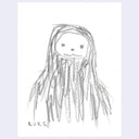 Simple black and white line drawing of an animal (sloth) wearing a black hoodie with the hood on.