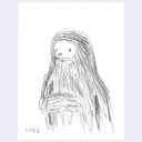 Simple black and white line drawing of an animal (sloth) wearing a black hoodie with the hood on.