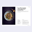 Recipe card for Kuan Miao Noodles with Teriyaki Beef and Bok Choi on a white background