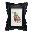 A framed artwork featuring an illustration of a mouse dressed as a knight in armor with a red cape, holding a sword and button shield, set within an ornate black frame.