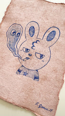 Color pencil drawing of a cartoon bunny smoking a cigarette with a cartoon ghost smoke cloud.