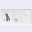 Three comic panels. One of a cat, the next a mouse, and the next a fly on a white background. All three are smoking a cigarette