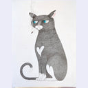 Illustration of a black tuxedo cat with blue eyes smoking a cigarette, looking unamused