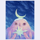 Illustration of of an anthropomorphized mountain, with a cute facial expression and a crescent moon atop its head. It takes a bite out of a star.