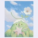 Illustration of of an anthropomorphized mountain, green against a blue sky, with a flower atop its head and taking a a bite out of a star.