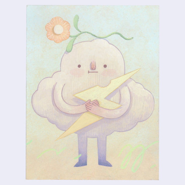 Illustration of a cloud-like character holding a lightning bolt with a flower on its head against a pastel background.