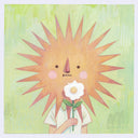 Illustration of a sun-like character wearing a collared white shirt and holding a flower with a bite taken out of it against a light green background