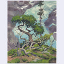 A landscape painting featuring a gnarled green tree on a grassy hill, set against a backdrop of gray mountains and a pale blue sky.