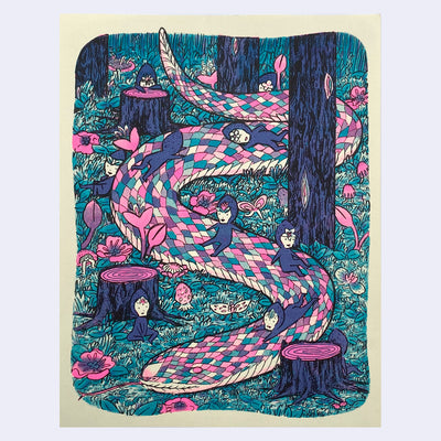 Risograph print of a large snake in a forest with small characters standing on top of it.