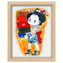 Illustration of a cartoon character in traditional Japanese attire but modern sneakers, holding a stack of shoe boxes.