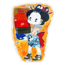 Illustration of a cartoon character in traditional Japanese attire but modern sneakers, holding a stack of shoe boxes.
