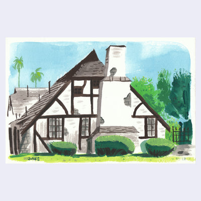Plein air painting of a white cottage style house with brown trim and an A frame roof. It has a very thick chimney and a green manicured lawn.