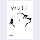 Black and white illustration of a dog with 'snubi' text on a light purple background