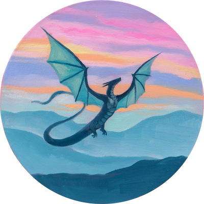 Illustration of a large blue dragon, seen from afar, with its wings extended up and out in flight. Backdrop is a pink, purple and orange sunset over blue mountains.