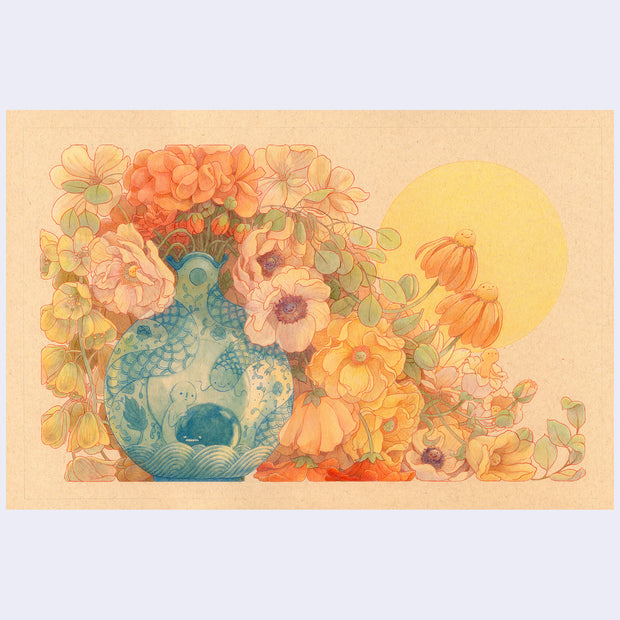 Illustration on tan paper of a blue and white vase, in the left side of the artwork, with a patterning of fish and characters. Out of it overflows a mostly wilted bouquet of flowers, though they still maintain bright colorings.