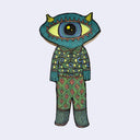 Illustration made with many lines, giving it the feel of a folk art woodcut on a die cut wood panel of a cyclops character with a patterned sweater with many eyes, diamond patterned knit pants.