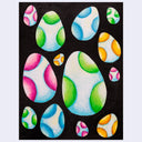 Artwork with a black background and multiple eggs, mostly white with blue shading. Each egg has colored spots all of one color, such as pink, green, blue and yellow.