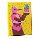 Painting on a canvas of a character in a pink t-shirt and pink underwear, wearing a pink bird head mask. It holds its hands out with a levitating cupcake.