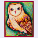 Colorful painting of an owl on a green background