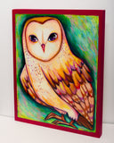 Colorful painting of an owl on a green background with a red painted frame around it.