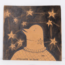 A whimsical illustration of a bird character with a large head and sweater, surrounded by smiling stars on a dark brown background. Handwritten text at the bottom reads 'SOMEWHERE IN JUNE'.