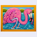 Painting of a pink flamingo in water holding a pink shrimp in its beak.