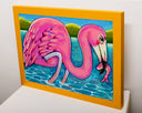 Painting of a pink flamingo in water holding a pink shrimp in its beak.