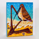 Painting of a stylized sand piper on a beach, with very large legs that are bent over as if kneeling. 