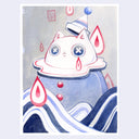 Colored pencil and watercolor illustration of a white cat dressed like a clown, with a collar and blue shirt, matching hat and red buttons. In front of it are large abstract waves with red water droplets falling from above.