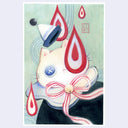 Illustration of a white cat dressed like a clown with a white collar, dark blue shirt and matching hat. It has a red and white ribbon with a bell. Stylistic red droplets fall from above.