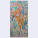 Painting of a brown horse with star patterning on its body and blue and green mane. Background is coral pink with plant thematics.