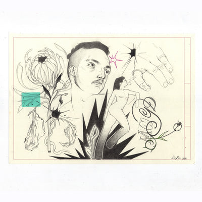 Graphite illustration on cream colored paper of a person looking up and off to the side, a ringed hand, a cartoon person and a flower all put together like a visual collage.