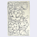 A vertical notebook page featuring black ink line art of peony flowers on a warm off-white paper background, set against a light gray studio backdrop.