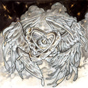 Mostly greyscale painting of a eye with tentacle-like rings around it and many wings. It is in front of a cloud background and dark sky