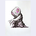 Illustration of a creature with large eyes and outstretched hand on a white background