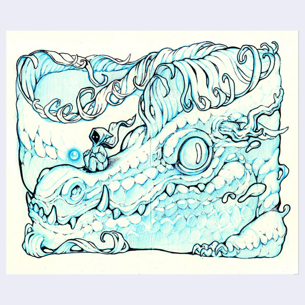 Illustration of a gator, only its head visible and its tiny arm next to it. A cloaked figure sits on its nose.