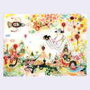 Illustration of a simple character with a pair of binoculars, looming over a large town with many abstract shapes and stylistic town elements. A bird flies through the sky and exclaims "look again"