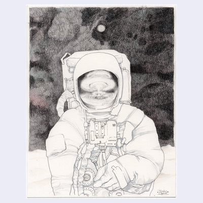 Graphite drawing of a realistic astronaut in a spacesuit with a reflective helmet, covering their face. An atomic explosion is reflected into their helmet.