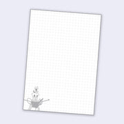 Graph paper with a small illustration in the bottom left of a mouse with a knotted pile of yarn and knitting needles. A small bird sits atop its head.