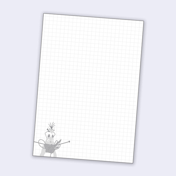 Graph paper with a small illustration in the bottom left of a mouse with a knotted pile of yarn and knitting needles. A small bird sits atop its head.