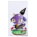 Cartoon style illustration of a purple goat with its tongue out, dressed like a witch with a cute expression.