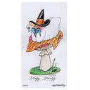 Illustration of a ghost wearing a witch hat, laying atop a mushroom and reading a book with a blushing expression.