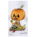 Illustration of a jack-o-lantern character sitting on a mossy ground, eating a small green apple.