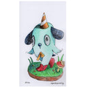 Drawing of a cute, blue cartoon dog with with a watery eye expression, wearing red boots and walking.