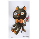 Drawing of a cartoon style black and orange cat plush doll, holding a stick with holly berries attached.
