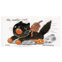 Drawing of a brown acorn character riding atop a black cat toy with wheels for feet.