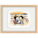 Illustration of a cartoon character in traditional Japanese attire but modern sneakers, leaned up against a VW Bus with many surfboards stacked atop it and stickers of surfing themed imagery.