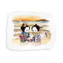 Illustration of 2 cartoon characters in traditional Japanese attire but modern sneakers, sitting at a beachside skatepark. One puts a bandaid on the other's knee.a